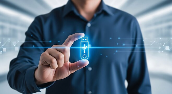 Man holding a glowing USB icon, representing data transfer and digital security in a modern office setting.