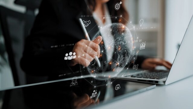 Global business network connecting digital economy and data exchange. Global business expands market, business shares data, global drives finance, and global business supports insight. Marrow