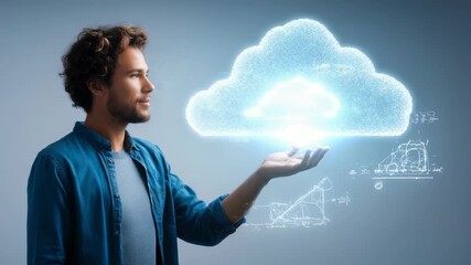 The image features a man interacting with a virtual cloud, representing advanced data storage and digital transformation. It highlights the future of technology, innovation, and online connectivity - Powered by Adobe