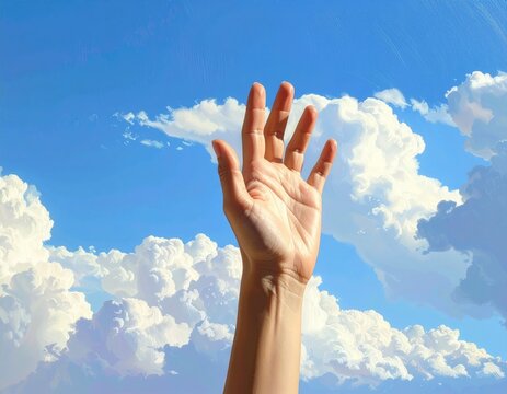 Upward reaching hand against blue sky and fluffy white clouds