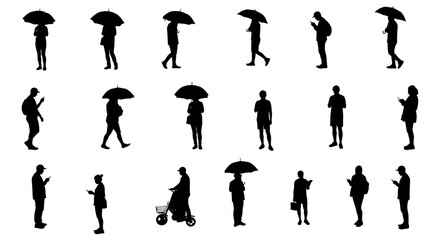 silhouettes of people pedestrians walking under umbrellas using mobile phones outdoors conveying urban life during inclement weather ideal for blog header
