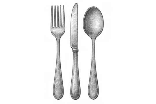 Hand drawing kitchen utensils set with fork, knife, and spoon, creating an elegant cutlery sketch composition