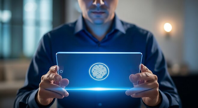 Man holding futuristic transparent tablet with glowing fingerprint icon.