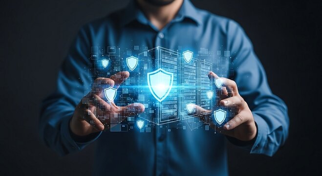 Man holding glowing shield icon representing cybersecurity and data protection.