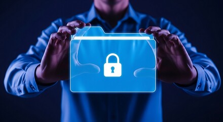 Man holding a glowing folder icon with a padlock symbol, representing data security and privacy.