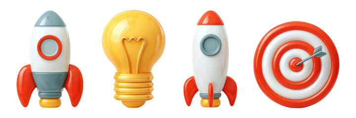 Colorful Rocket and Light Bulb Icons with Target and Dart on Transparent Background