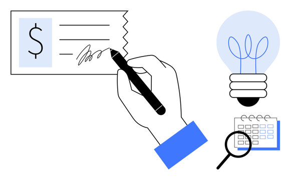 Hand signing check with pen, innovative light bulb for ideas, calendar for planning, magnifying glass for analysis. Ideal for finance, creativity, payment, planning, scheduling analysis