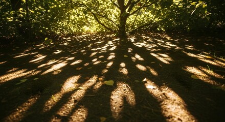 Sunlight filters through the dense leaves of a tree, casting intricate shadows on the ground in a peaceful forest setting during daytime