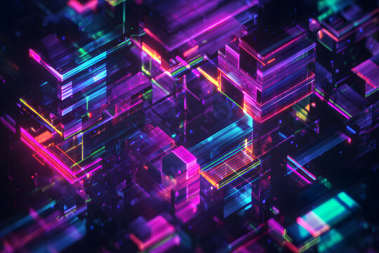 Colorful abstract digital art with vibrant lights and geometric shapes in a futuristic design