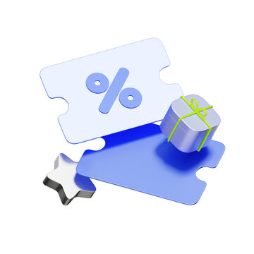 3D icon of coupon tickets with a gift box and star For redeeming reward points, using gift vouchers, accessing special discounts, and loyalty program benefits.