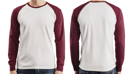 Stylish white and maroon long sleeve baseball shirt mock up template showcasing front and back views for apparel branding designs