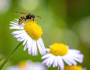 Wasp lands delicately on a white daisy with a yellow center