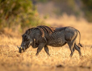 Warthog traversing golden savanna, bathed in warm sunlight