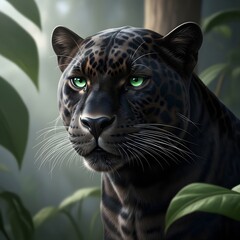 A majestic black panther with striking green eyes resting amidst lush green foliage in a dense jungle setting