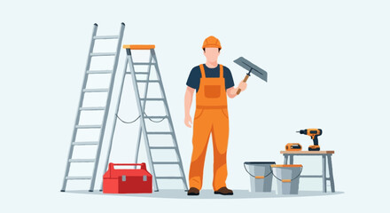 Flat vector illustration of a single faceless construction worker in orange overalls inside a workshop