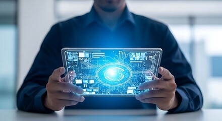 Man holding a futuristic tablet displaying a glowing eye and data interfaces.