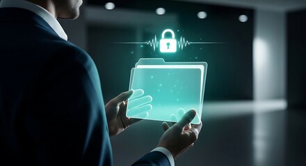 Businessman holding transparent tablet with secure data folder and padlock icon.