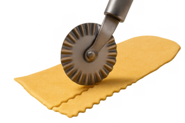 Pasta cutter with a fluted wheel slicing fresh homemade pasta dough, preparing italian food. Transparent background