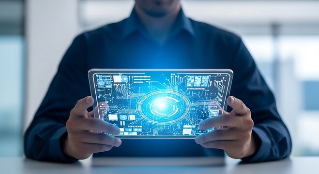 Man holding a futuristic tablet displaying a glowing eye and data interfaces.