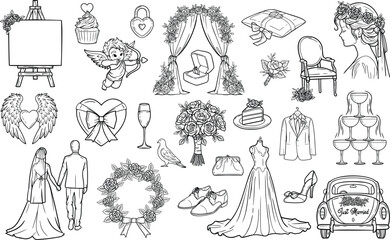 Wedding hand drawn design elements isolated on white background.