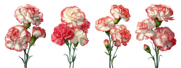 Watercolor White and Red Carnation Flowers, PNG with Transparent Background