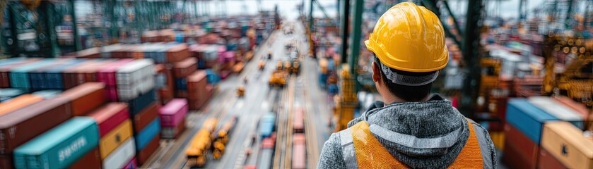 Obraz premium A worker in a safety helmet overlooks a busy shipping yard filled with colorful containers and machinery.