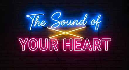 A vibrant neon sign displays the phrase 'The Sound of Your Heart' in bright blue, yellow, and pink colors against a dark brick wall background, creating an eye-catching visual effect