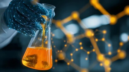 Close up of a gloved hand holding a beaker with vibrant orange fluid, overlaid with digital molecular structures. Modern science, technology, and laboratory research are depicted - Powered by Adobe