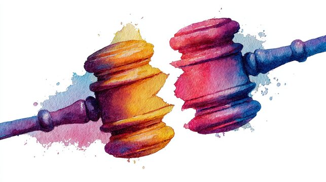Two colorful gavel illustrations clash, symbolizing conflict or disagreement, with a splash of watercolor background, evoking legal themes.