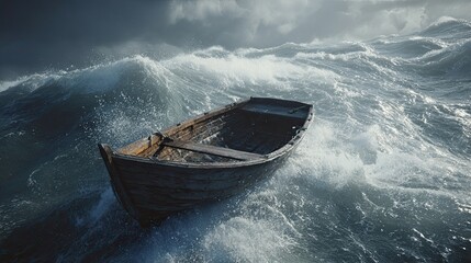 A small wooden boat struggles against towering waves under a stormy sky, conveying a sense of isolation and the power of nature.