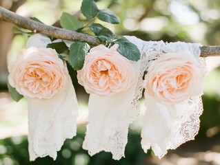 Elegant Peach Roses with Delicate Lace Hanging from a Branch