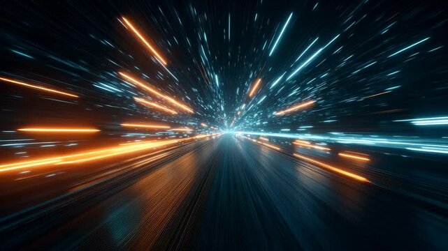 Warp Speed Hyperspace Tunnel with Glowing Neon Light Streaks (Orange and Blue)