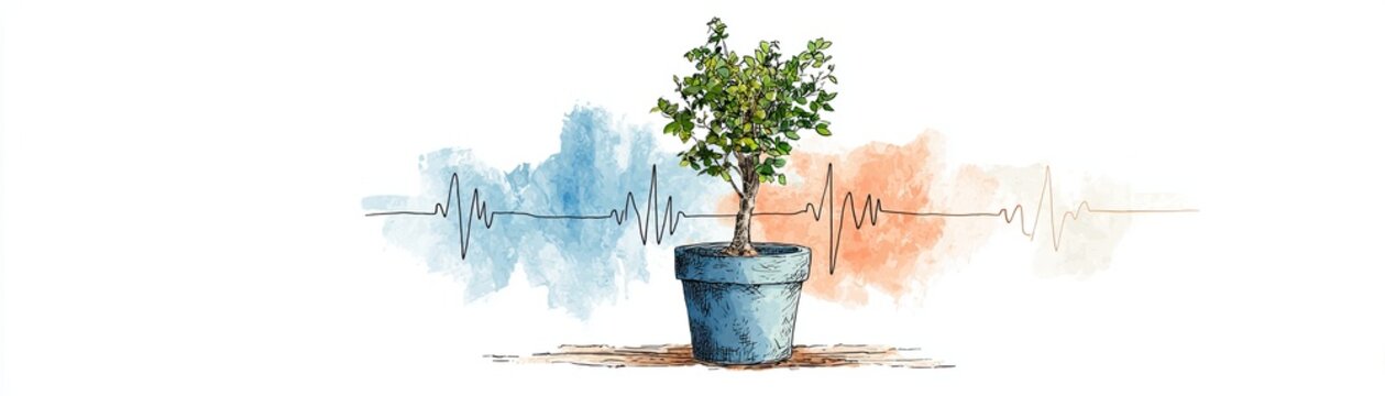 Fototapeta A potted plant illustration with a sound wave motif, blending nature and audio elements in a colorful design.