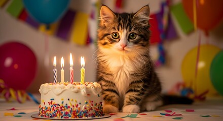 Fototapeta premium Cute kitten sitting beside birthday cake with candles, festive home setting, warm light, joyful pet celebration