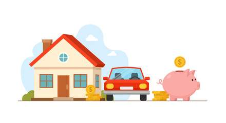 Financial goals concept with piggy bank, house, and car. Vector illustration of saving money for home and auto purchase on a white background