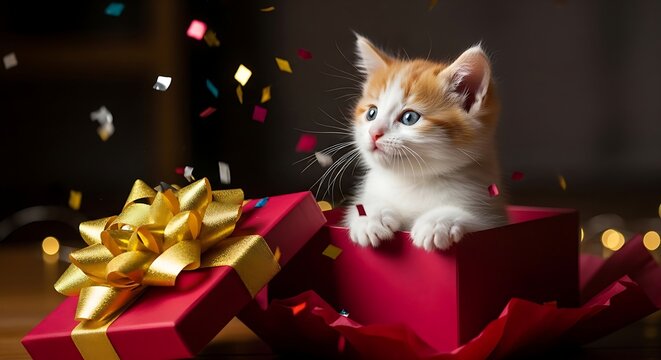 Playful kitten surrounded by colorful balloons and gift boxes, birthday celebration concept, bright joyful mood, realistic detail