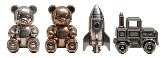 Metallic Figurines of Bears, Rocket, and Train on Transparent Background