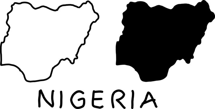 Black and white minimalist map silhouette of Nigeria, showing country borders in outline and solid fill, ideal for education, design, and geography themes.

