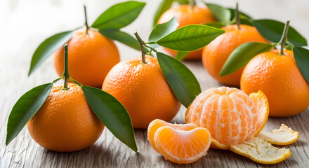 Fresh Ripe Oranges with Green Leaves on Wooden Table by the Window