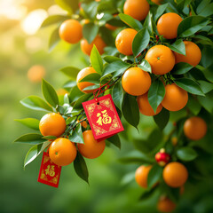 Mandarin Orange Tree Branch with Red Envelopes for Chinese New Year Celebration