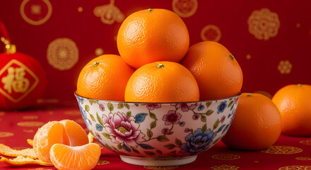 Mandarin Oranges in Floral Decorative Bowl on Red Chinese New Year Background