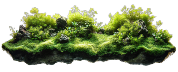 Vibrant green moss landscape with small plants and rocks