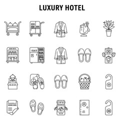 Luxury hotel icons depicting premium amenities and services enhancing hospitality marketing material ideal for travel brochures online booking platforms and ads