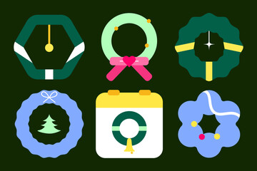 Christmas Wreath Flat Icons Set – Minimal Colorful Holiday Vector Illustration