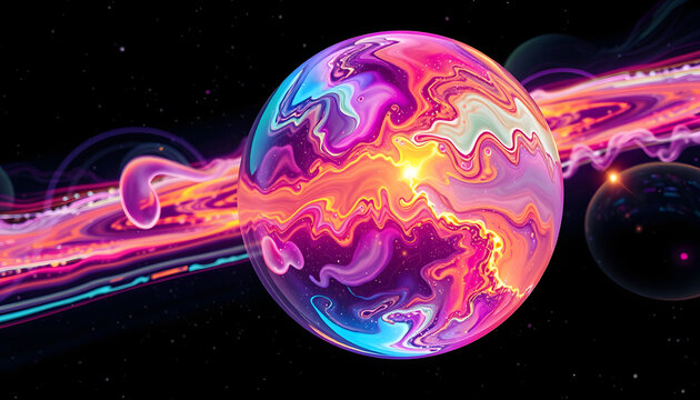Virtual reality space with abstract multicolor psychedelic planet. Closeup Soap bubble like an alien planet on black background, 8k. White tone