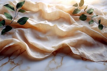 A close-up shot of flowing peach fabric with green leaves and branches on a marble background.