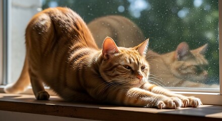 orange tabby cat stretching on a sunlit windowsill reflecting in the window ideal for illustrating relaxation and cozy domestic life enjoying the warmth