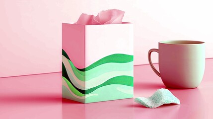 A pink tissue box with green wave designs sits next to a mug and a crumpled tissue on a pink surface.