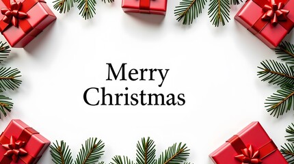 Celebrate the holidays with vibrant red gifts and festive pine branches framing "Merry Christmas"