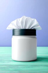 A white container of wet wipes with a black lid is shown on a teal wooden surface against a light purple background.